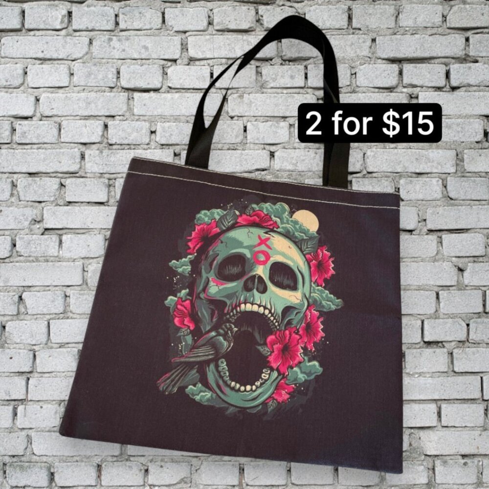 Screaming Skulls Roses XO Gothic Painted Fabric Casual Tote Bag